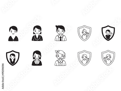Set of vector icons and business symbols featuring illustrations of people, web buttons, and design elements for wedding, computer, woman, men, and skull signs
