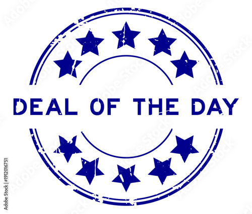 Grunge blue deal of the day word with star icon round rubber seal stamp on white background