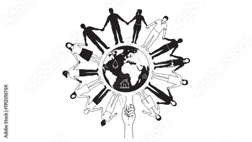 Global unity circle with diverse people around the Earth holding hands in a symbolic world harmony.