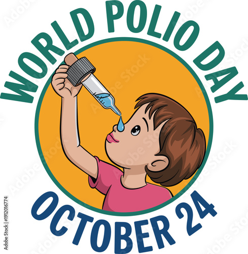 World Polio Day concept with child receiving oral vaccine, immunization awareness campaign, global healthcare protection illustration for October 24