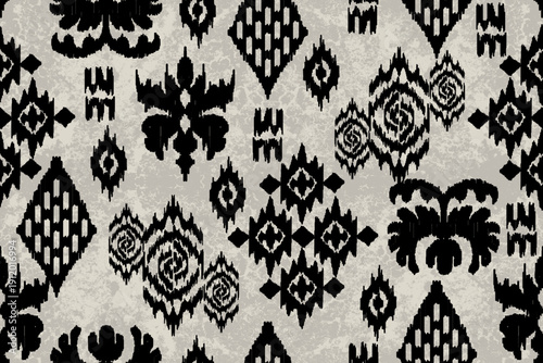 Ikat floral paisley embroidery seamless pattern. Ikat ethnic flower oriental pattern traditional. Motifs African boho. Ethnic ikat floral Border Indian floral Aztec embroidery border