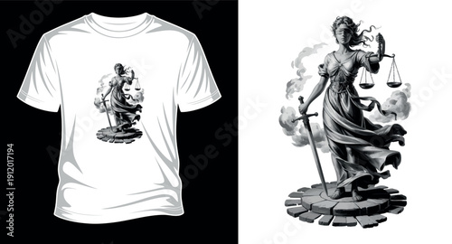 Lady justice blindfolded statue with scales and sword, the greek goddess themis for t-shirt print