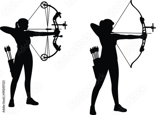 Silhouettes of two women shooting compound and recurve bows archery compound bow