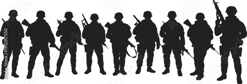 Silhouettes of soldiers with various on white background black guns