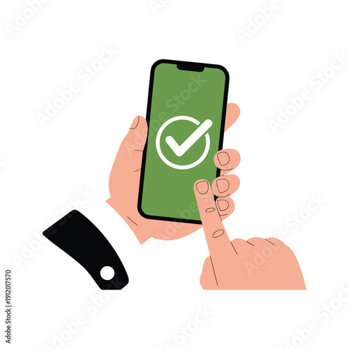 Hand holding green smartphone with white checkmark on screen green screen hand holding phone finger touching screen
