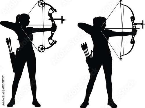 Silhouettes of woman and man aiming compound bows archery