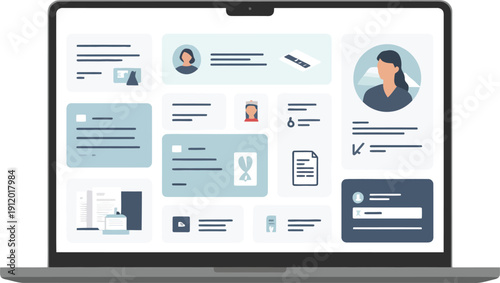 Laptop Displaying User Profiles and Data Cards for Digital Interface Analytics