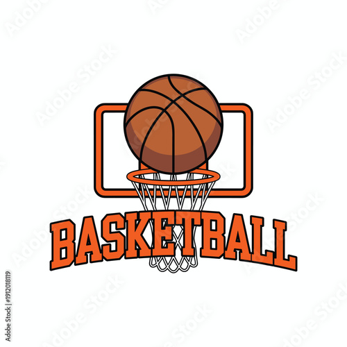Orange basketball ball going through hoop with orange backboard and net and basketball text