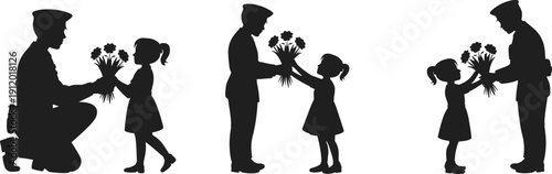 Soldier giving flowers to little girl in three different poses silhouettes black