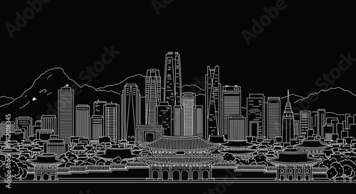 Seoul Skyline Night View Silhouette Drawing