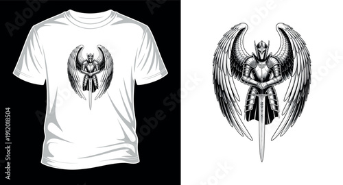 Medieval angel knight in full armor holding sword with large wings illustration