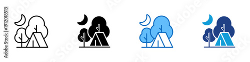 Night Camping Multiple Style Icon Design Vector - Tent with trees and moon representing outdoor camping, overnight adventure, and wilderness exploration