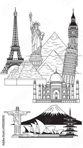 Iconic World Landmarks Collage Featuring Eiffel Tower Statue of Liberty Taj Mahal and Other Famous Monuments.