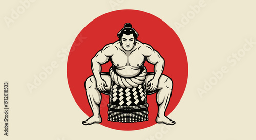 Traditional Sumo Wrestler Standing in Front of Red Sun