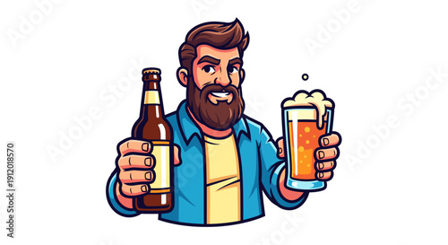 Happy Bearded Man Enjoying Glasses of Beer