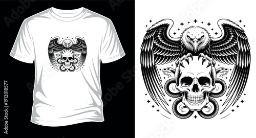 Eagle clutching human skull with snakes and stars gothic tshirt design