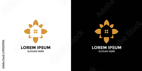 Golden floral house logo for real estate. Abstract design symbolizing comfort, nature, and growth for modern property brands and home services