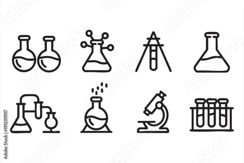 Chemistry outline icon collection with flasks and microscope