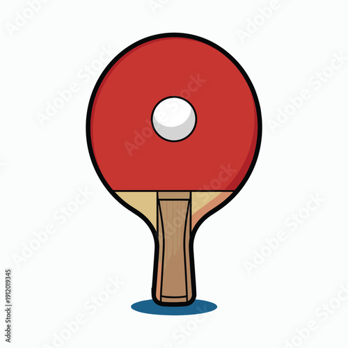 Red ping pong paddle with white ball on wooden handle table tennis racket vector illustration isolated on white background