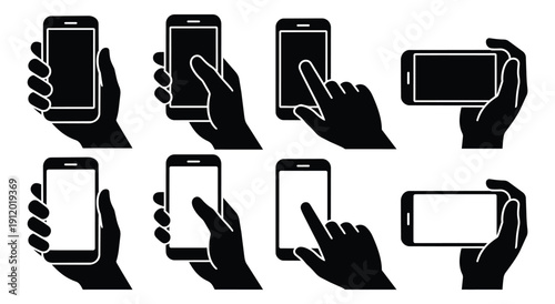 Smartphone in hand vector icon set showing tap, swipe and touch gestures in portrait and landscape orientation isolated for mobile app interface and UX design projects