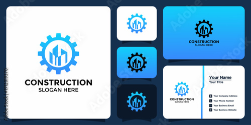 Construction Company Logo with Gear and Cityscape Icon for Branding and Identity