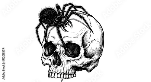 Spooky Giant Spider Crawling on a Human Skull