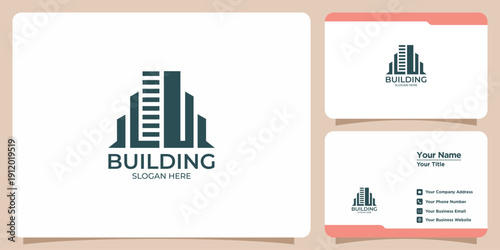 Modern abstract building logo design, perfect for real estate and urban development branding. Includes business card templates for corporate identity