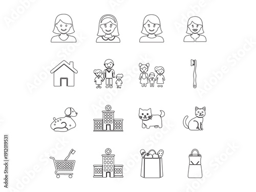 A professional set of family icons featuring vector illustrations and cartoon sketches of people symbols in a silhouette design for computer interface signs