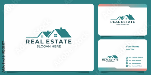 Professional and modern real estate company branding concept featuring stylized house logo design and matching business cards for property services