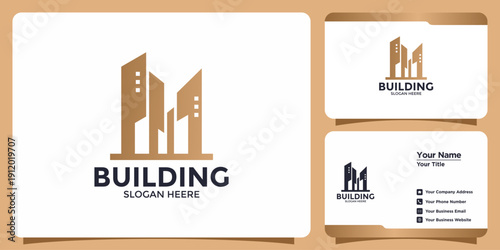 Modern architectural building logo design concept for real estate and construction companies, presented with a cohesive corporate identity and professional business card mockups