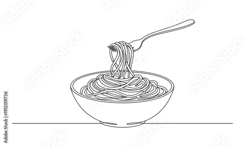 Continuous one line of a bowl of pasta with fork chow mein continuous one line drawing, Spaghetti - Single Cooking Icon - editable stroke