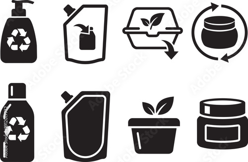Sustainable packaging and recycling cosmetic vector icon set with refill bottles, eco containers, plant pots and zero waste symbols for green beauty branding and environmental design