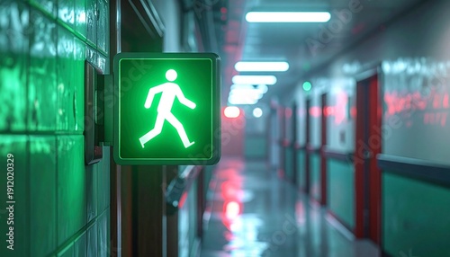 Close-up of a green exit sign with a walking figure on a wall in a blurred, green-lit corridor with reflective floors and walls.