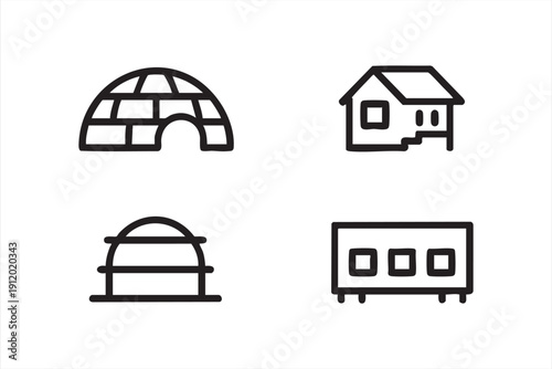 Arctic Housing Outline Icons Featuring Igloo Cabin Yurt and Trailer