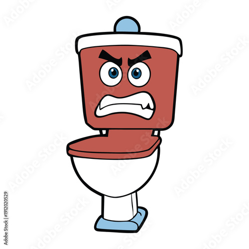 A toilet with furrowed “eyebrows,” steam rising angrily, glaring as if fed up, showing an amusing, grumpy personality ready to flush away anyone’s nonsense.
