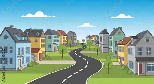 Suburban Street with Colorful Houses.