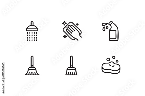 Household Cleaning Outline Icons with Mop Broom and Detergent