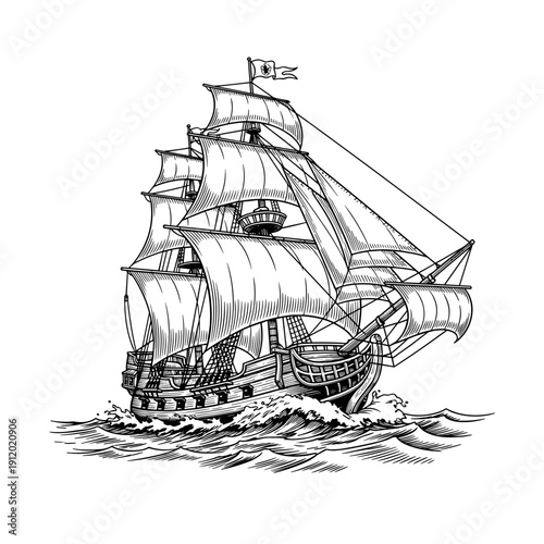 Detailed Sketch of a Large Sailing Vessel