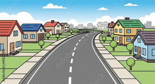 Suburban Street with Houses and Road.