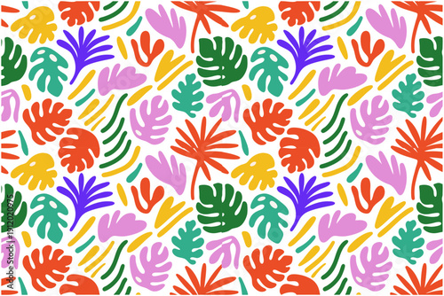 A joyful, colorful botanical wallpaper design. Abstract monstera, palm, and fern leaves in a whimsical, non-representational style. Palette Tomato red, forest green, azure blue, and sunny yellow.