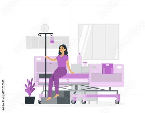 Female patient sitting on hospital bed with medical equipment and clock in modern ward