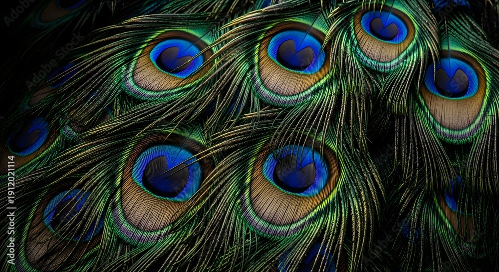 Fototapeta premium Close up of vibrant peacock feathers with intricate eye patterns.