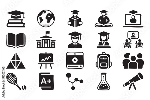 Academic Education Outline Icons Featuring Students and Science