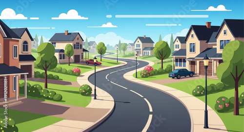 Suburban Street with Houses and Trees.