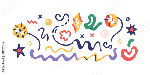 A collection of abstract design elements, adorable shapes, and creative curves, accompanied by whimsical decorations, squiggles, waves, stars, and speech bubbles in a modern trendy style, with flat .v