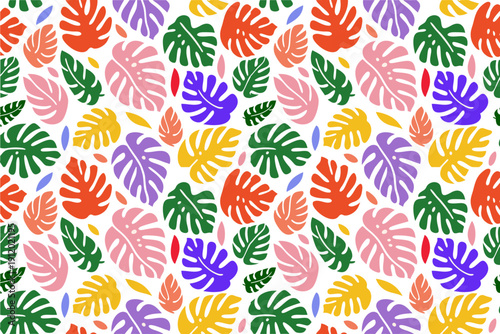 Abstract garden pattern, Cut-out art style. The composition features a variety of leaf-like silhouettes in saturated hues. Simple, bold, and iconic shapes with a child-like, sophisticated charm.