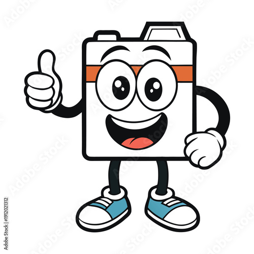 Friendly cartoon camera mascot with big shiny lens eyes and a cheerful smile, holding a tiny tripod. Perfect for photography brands, kids designs, and fun creative media themes tool
