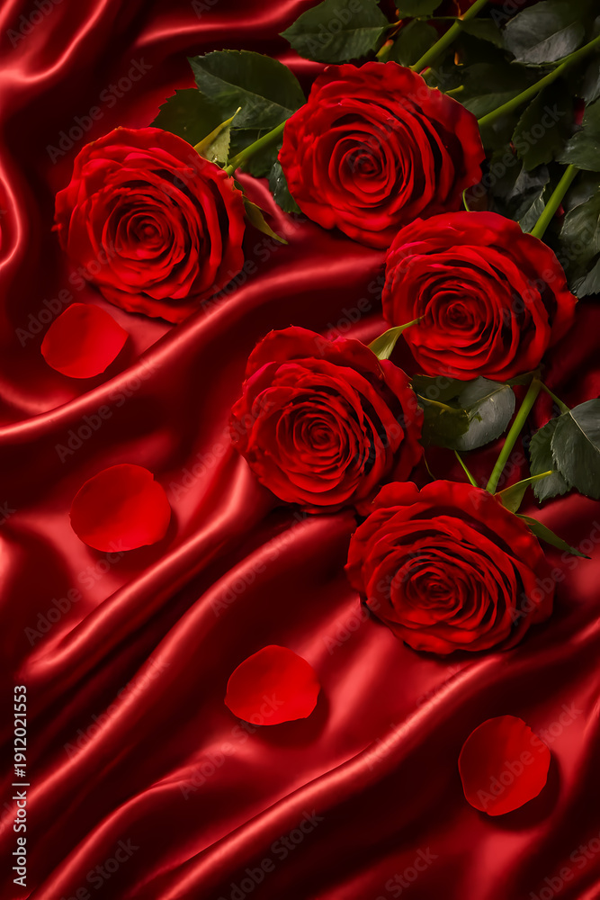 Naklejka premium Roses rouges – Bouquet élégant sur tissu satiné avec pétales dispersés, ambiance romantique et luxueuse