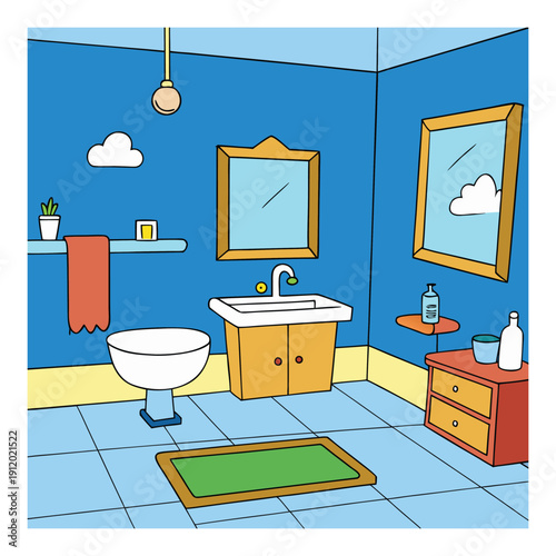 Bright cartoon bathroom with pastel tiles, bubbly bathtub, smiling mirror, fluffy towels, and tiny plants. A rubber duck floats while sunlight streams in a window cozy!!
