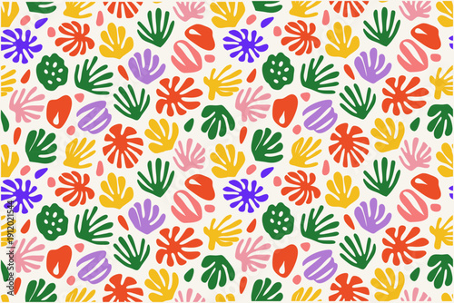 Screen-printed botanical pattern on off-white paper. Hand-cut paper aesthetic with slight imperfections in the shapes. Bold, opaque ink colors.